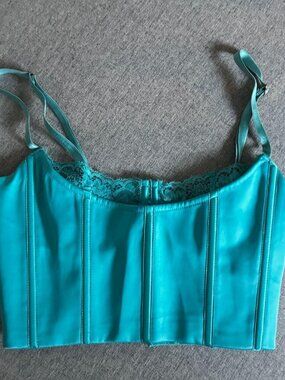 Meshki Women's Teal Satin and Lace Corset Crop Top Size S